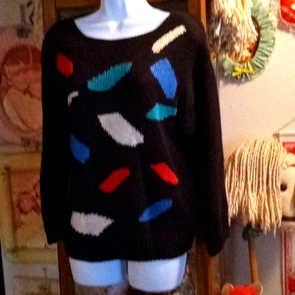 Vintage 1980's,Beautiful, Black, Sweater with Vivid Multicolored front